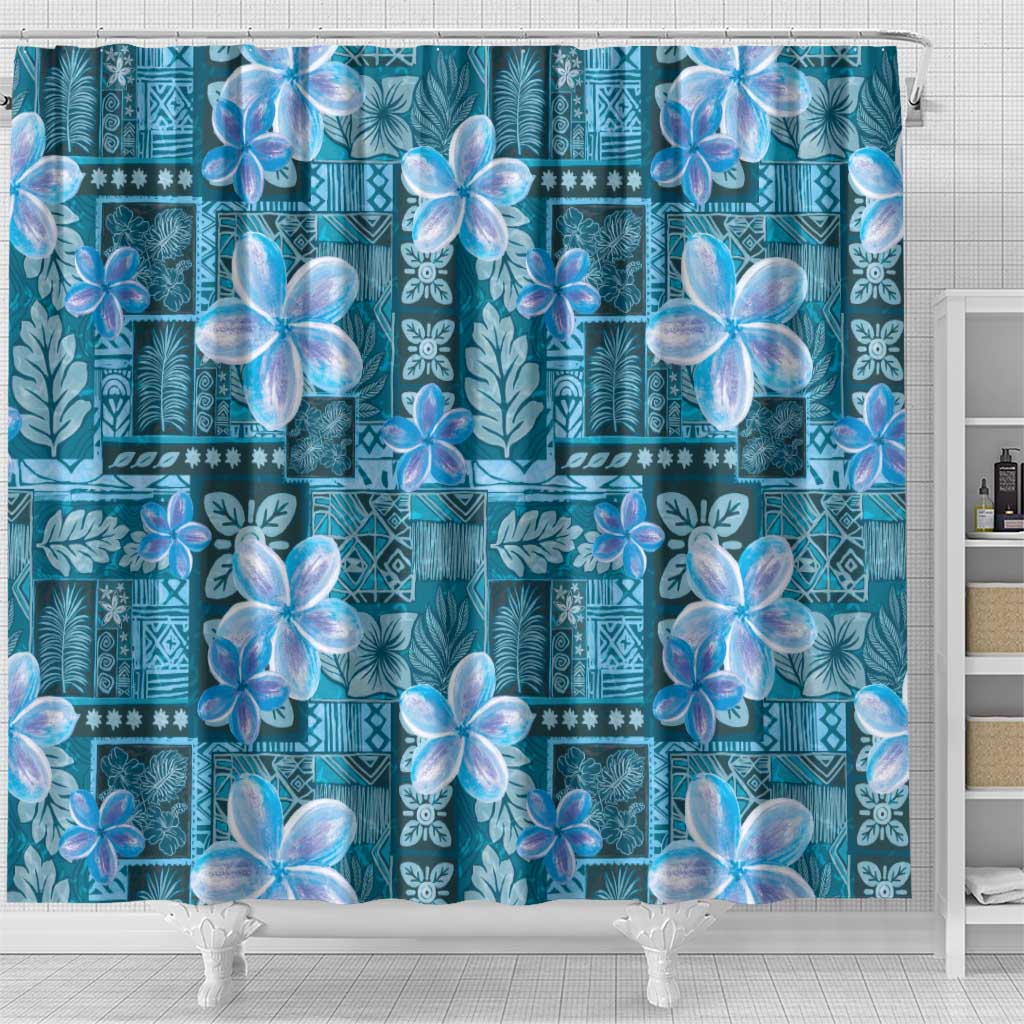 Cyan Hawaii Plumeria With Tropical Flowers Motifs Shower Curtain