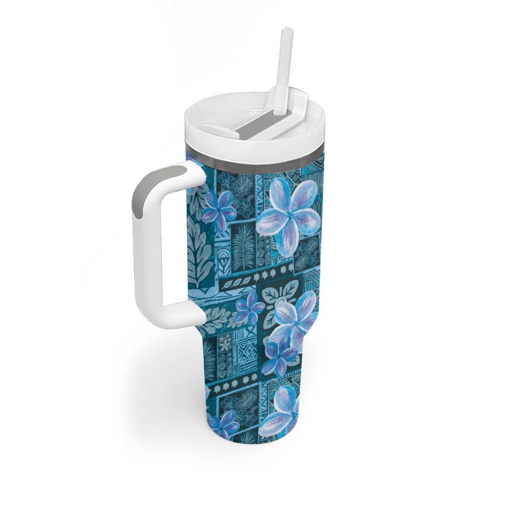 Cyan Hawaii Plumeria With Tropical Flowers Motifs Tumbler With Handle