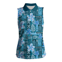 Cyan Hawaii Plumeria With Tropical Flowers Motifs Women Sleeveless Polo Shirt LT14 Female Cyan - Polynesian Pride