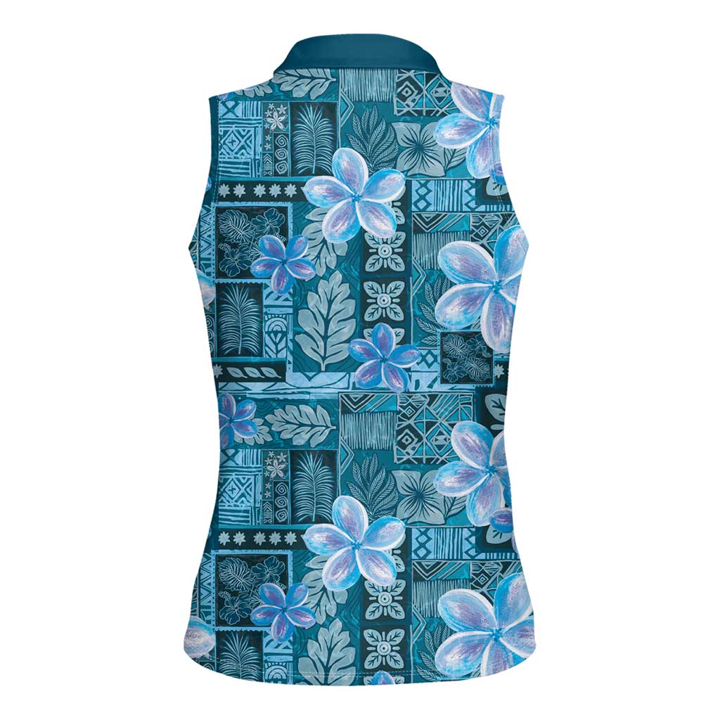 Cyan Hawaii Plumeria With Tropical Flowers Motifs Women Sleeveless Polo Shirt LT14 - Polynesian Pride