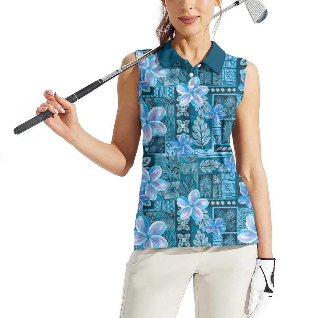 Cyan Hawaii Plumeria With Tropical Flowers Motifs Women Sleeveless Polo Shirt LT14 - Polynesian Pride