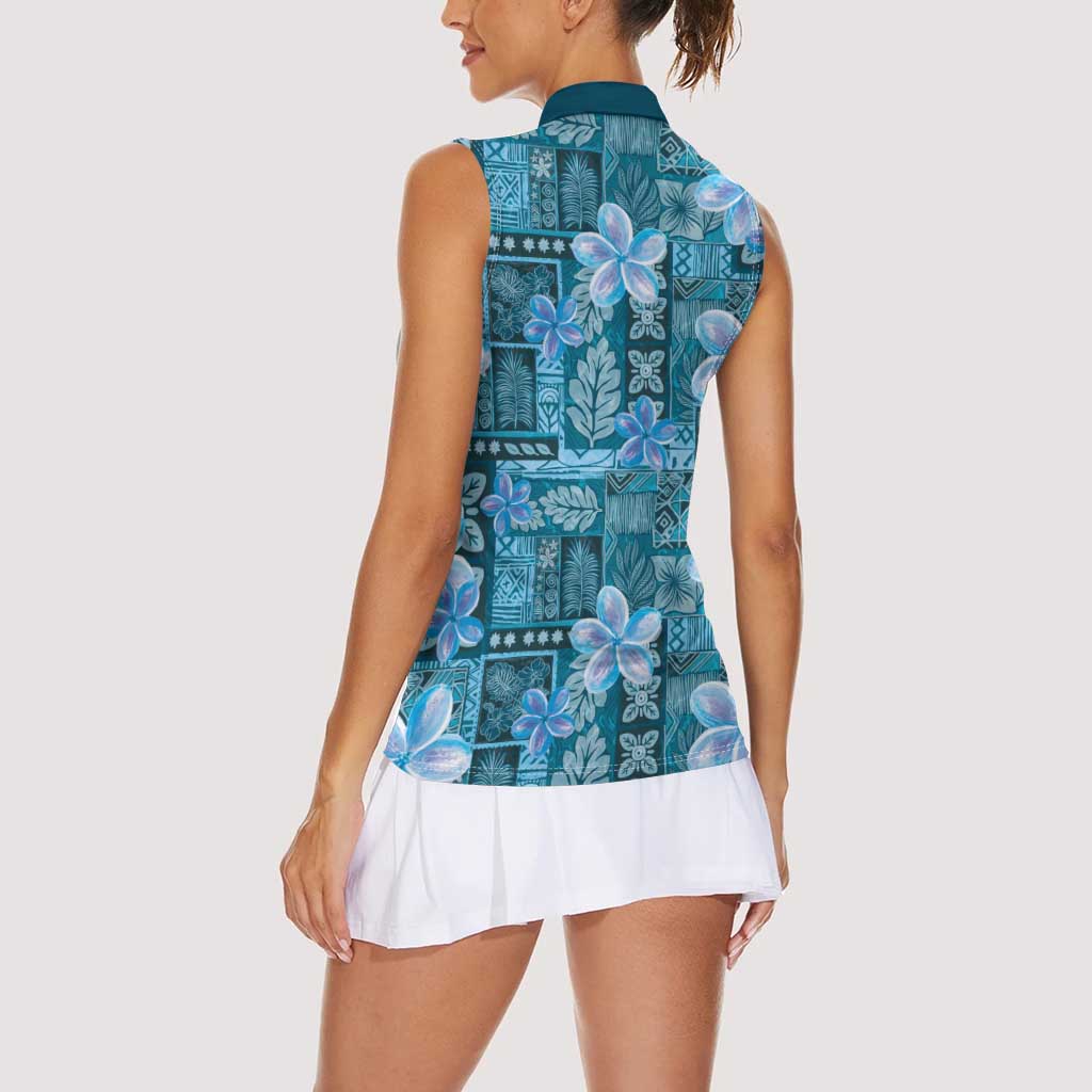 Cyan Hawaii Plumeria With Tropical Flowers Motifs Women Sleeveless Polo Shirt LT14 - Polynesian Pride