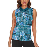 Cyan Hawaii Plumeria With Tropical Flowers Motifs Women Sleeveless Polo Shirt LT14 - Polynesian Pride