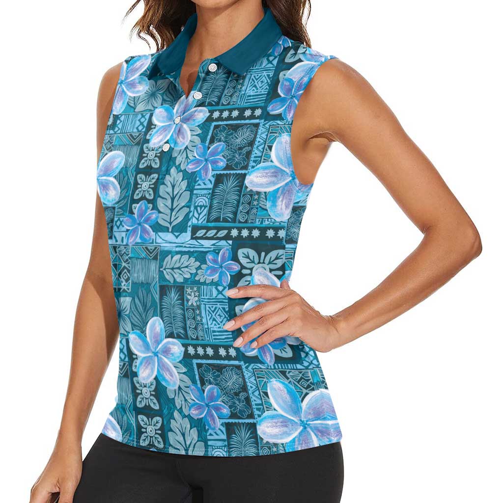 Cyan Hawaii Plumeria With Tropical Flowers Motifs Women Sleeveless Polo Shirt LT14 - Polynesian Pride