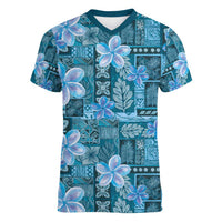 Cyan Hawaii Plumeria With Tropical Flowers Motifs Women V-Neck T-Shirt LT14 Female Cyan - Polynesian Pride