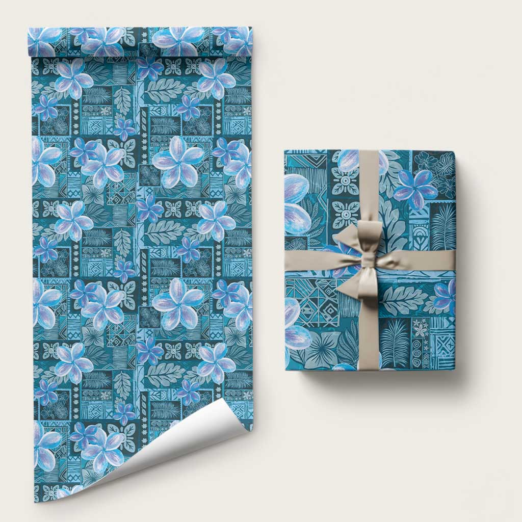 Cyan Hawaii Plumeria With Tropical Flowers Motifs Wrapping Paper - Polynesian Pride