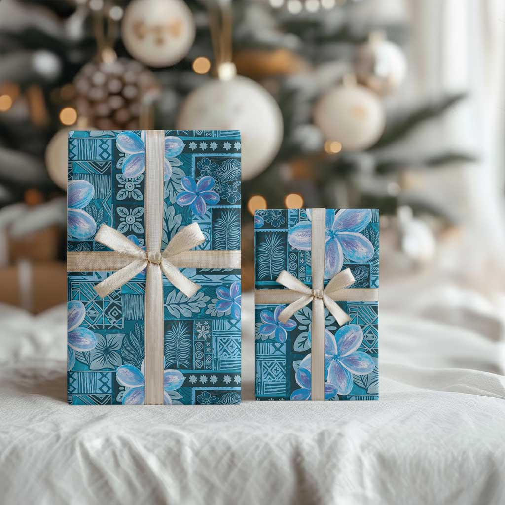 Cyan Hawaii Plumeria With Tropical Flowers Motifs Wrapping Paper - Polynesian Pride