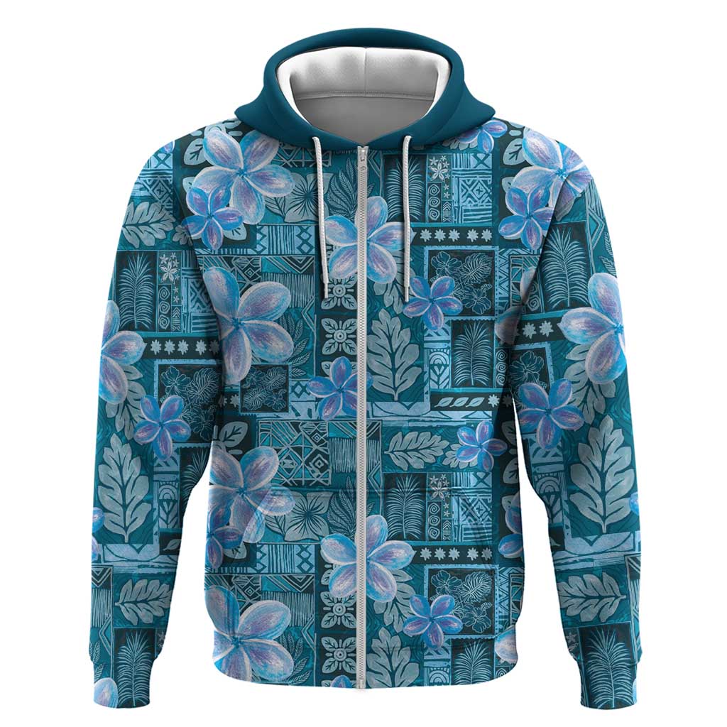 Cyan Hawaii Plumeria With Tropical Flowers Motifs Zip Hoodie