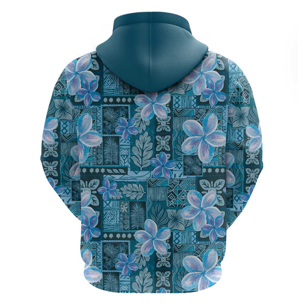 Cyan Hawaii Plumeria With Tropical Flowers Motifs Zip Hoodie