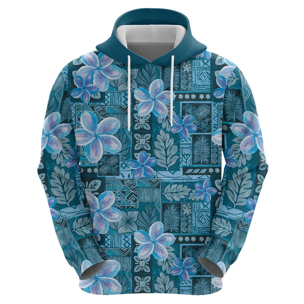 Cyan Hawaii Plumeria With Tropical Flowers Motifs Zip Hoodie