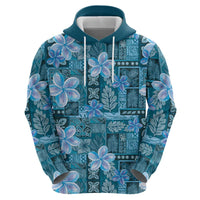 Cyan Hawaii Plumeria With Tropical Flowers Motifs Zip Hoodie