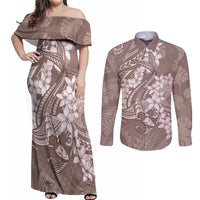 Polynesia Hammerhead Shark Tattoo With Plumeria Lei Couples Matching Off Shoulder Maxi Dress and Long Sleeve Button Shirt