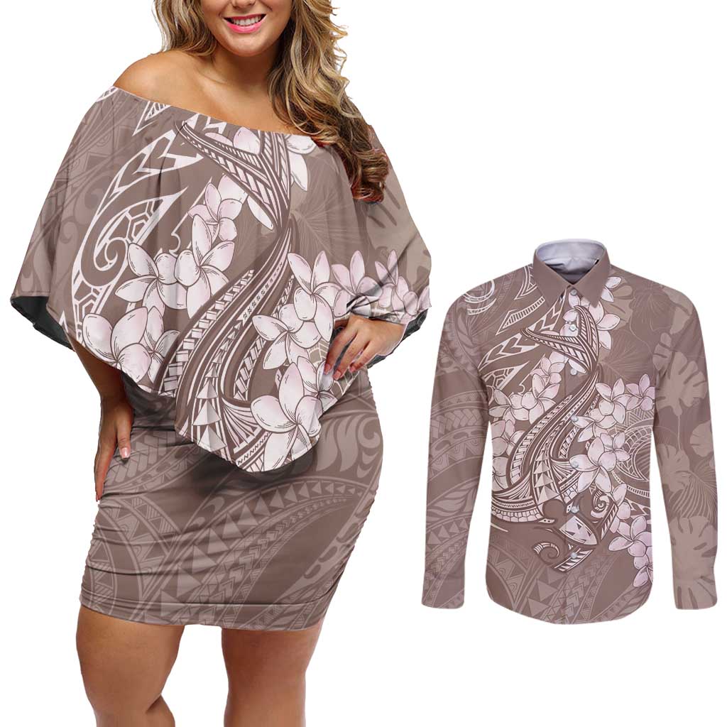 Polynesia Hammerhead Shark Tattoo With Plumeria Lei Couples Matching Off Shoulder Short Dress and Long Sleeve Button Shirt