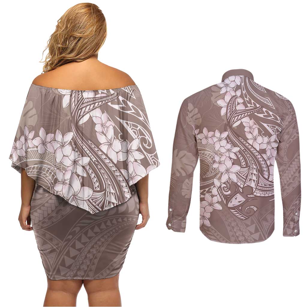 Polynesia Hammerhead Shark Tattoo With Plumeria Lei Couples Matching Off Shoulder Short Dress and Long Sleeve Button Shirt