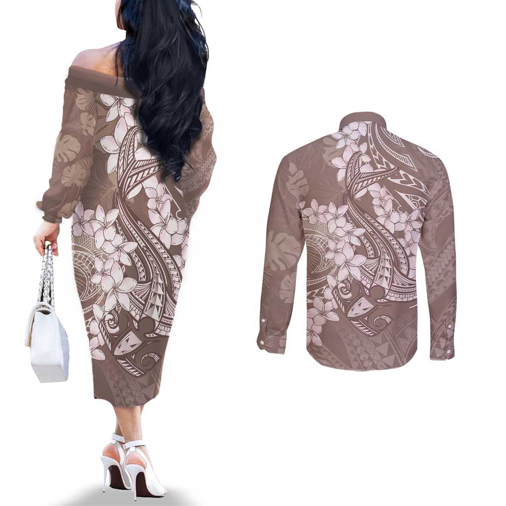 Polynesia Hammerhead Shark Tattoo With Plumeria Lei Couples Matching Off The Shoulder Long Sleeve Dress and Long Sleeve Button Shirt