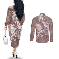 Polynesia Hammerhead Shark Tattoo With Plumeria Lei Couples Matching Off The Shoulder Long Sleeve Dress and Long Sleeve Button Shirt