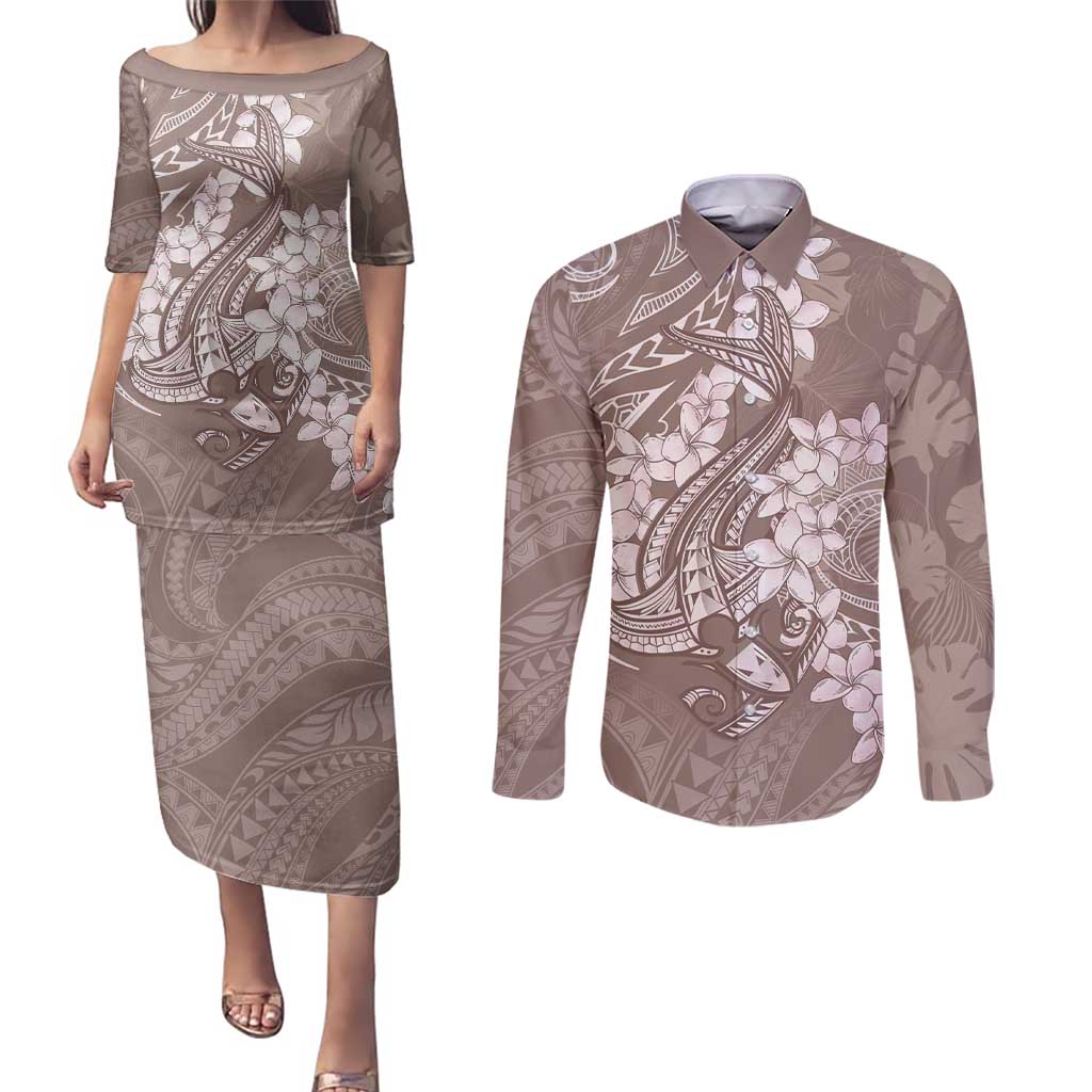 Polynesia Hammerhead Shark Tattoo With Plumeria Lei Couples Matching Puletasi and Long Sleeve Button Shirt