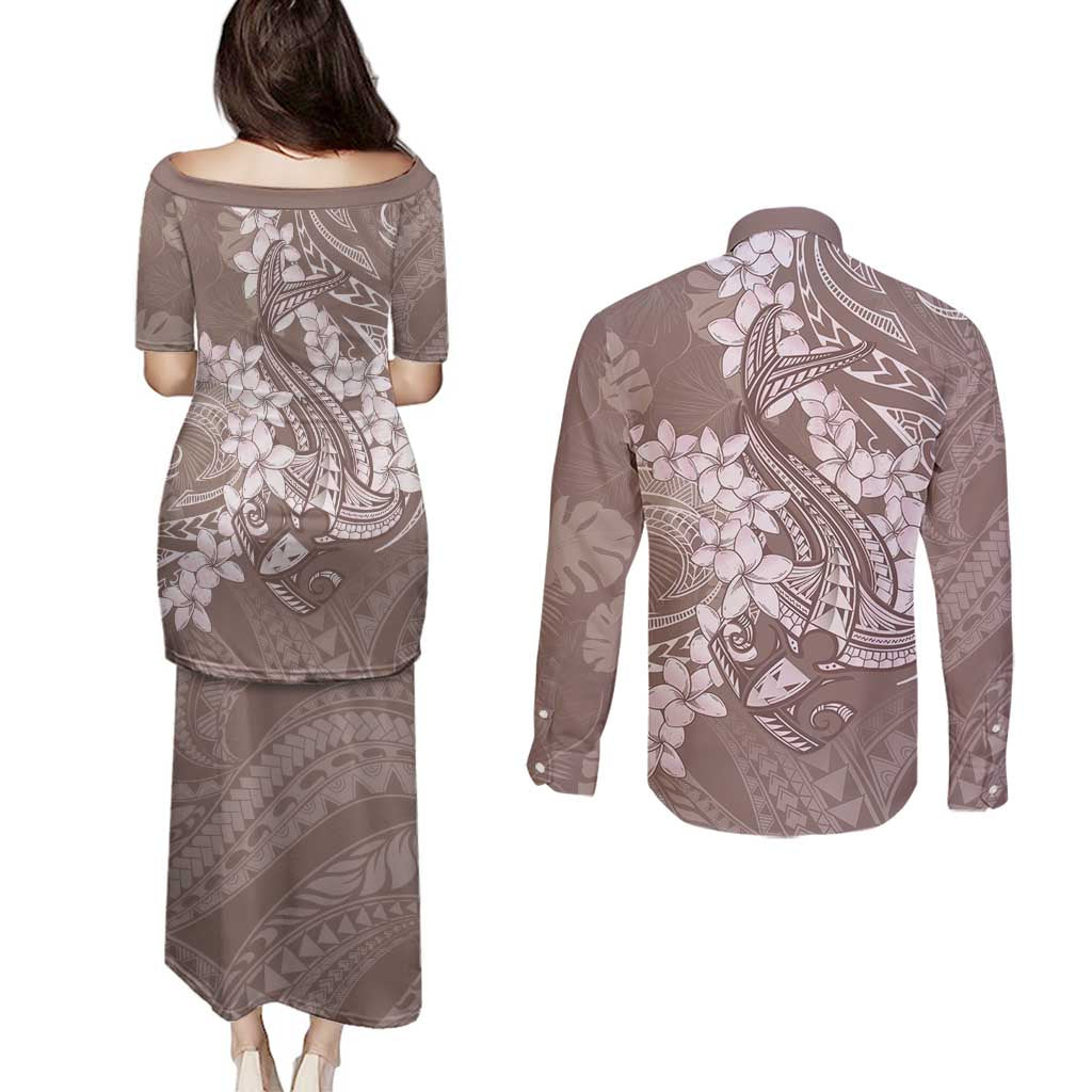 Polynesia Hammerhead Shark Tattoo With Plumeria Lei Couples Matching Puletasi and Long Sleeve Button Shirt