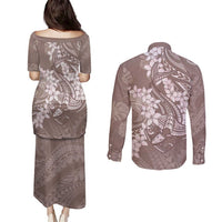 Polynesia Hammerhead Shark Tattoo With Plumeria Lei Couples Matching Puletasi and Long Sleeve Button Shirt