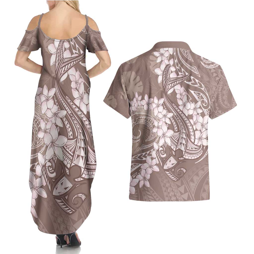 Polynesia Hammerhead Shark Tattoo With Plumeria Lei Couples Matching Summer Maxi Dress and Hawaiian Shirt LT14 - Polynesian Pride