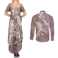 Polynesia Hammerhead Shark Tattoo With Plumeria Lei Couples Matching Summer Maxi Dress and Long Sleeve Button Shirt