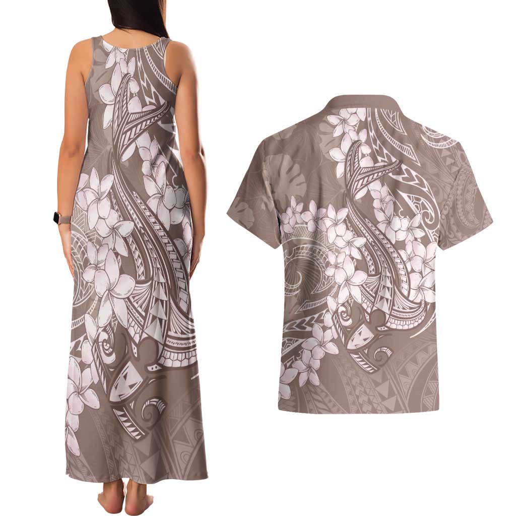 Polynesia Hammerhead Shark Tattoo With Plumeria Lei Couples Matching Tank Maxi Dress and Hawaiian Shirt