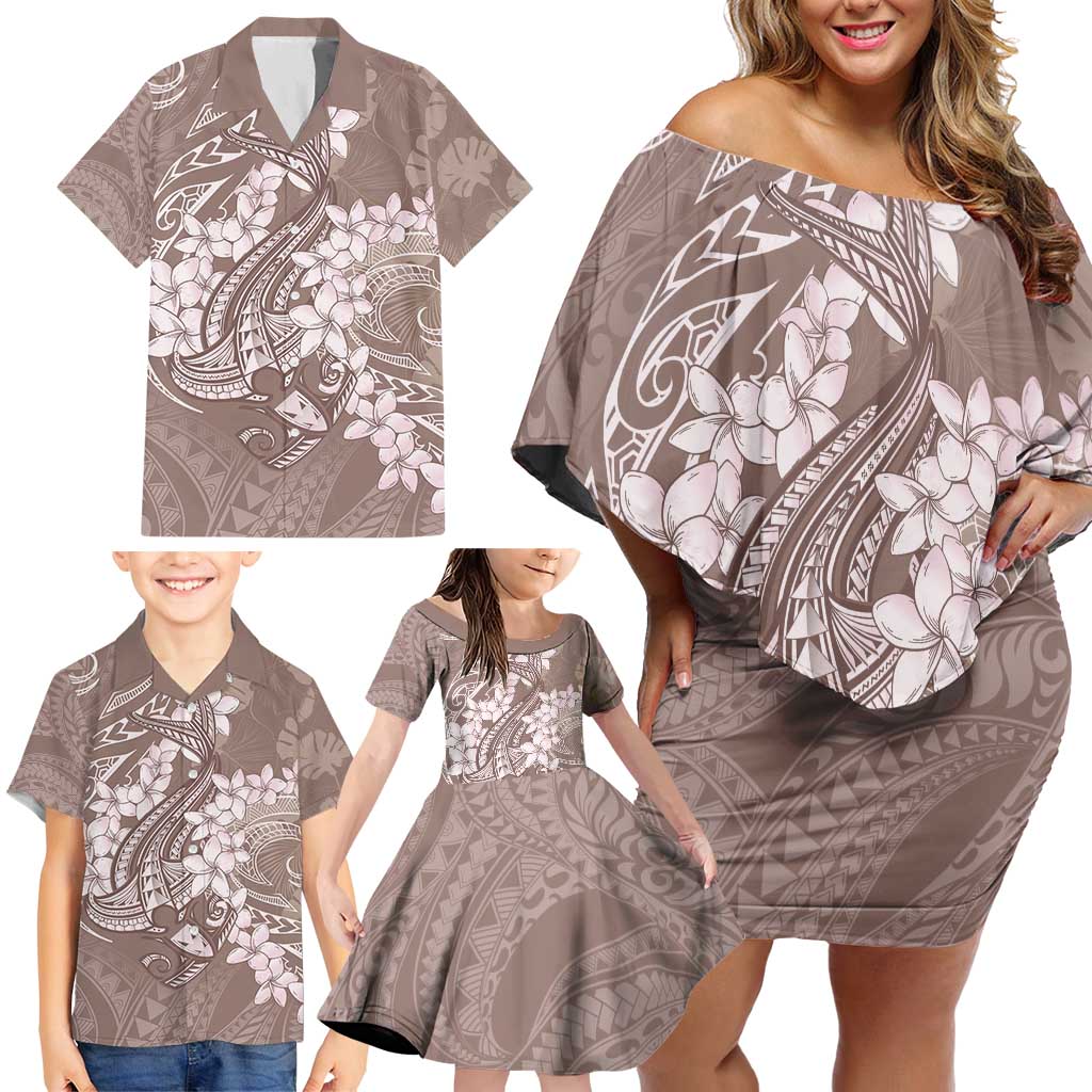 Polynesia Hammerhead Shark Tattoo With Plumeria Lei Family Matching Off Shoulder Short Dress and Hawaiian Shirt