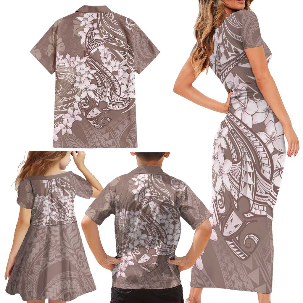 Polynesia Hammerhead Shark Tattoo With Plumeria Lei Family Matching Short Sleeve Bodycon Dress and Hawaiian Shirt
