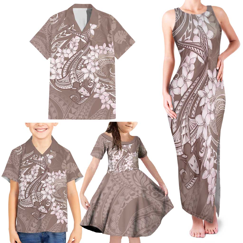 Polynesia Hammerhead Shark Tattoo With Plumeria Lei Family Matching Tank Maxi Dress and Hawaiian Shirt