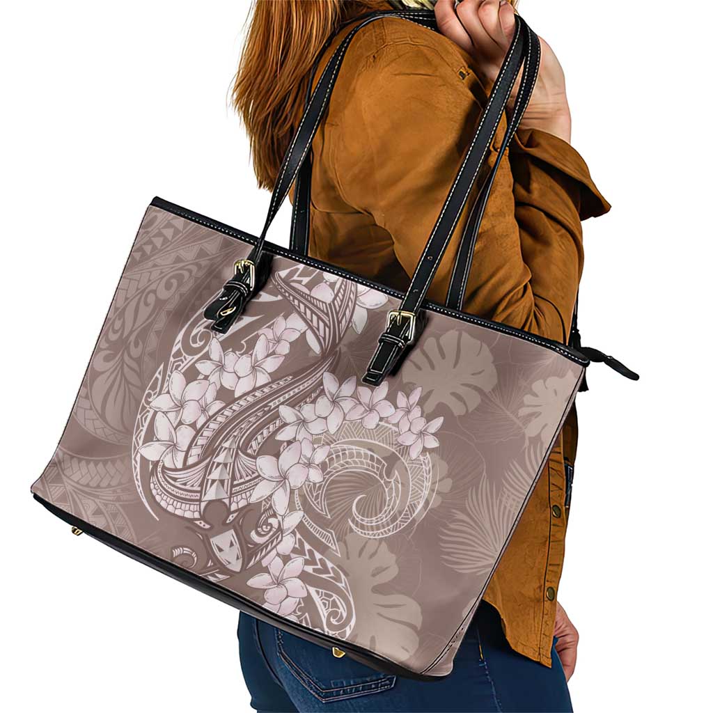 Polynesia Hammerhead Shark Tattoo With Plumeria Lei Leather Tote Bag