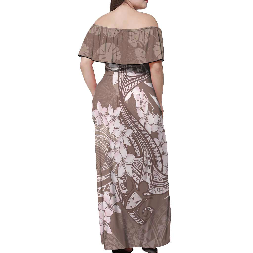 Polynesia Hammerhead Shark Tattoo With Plumeria Lei Off Shoulder Maxi Dress