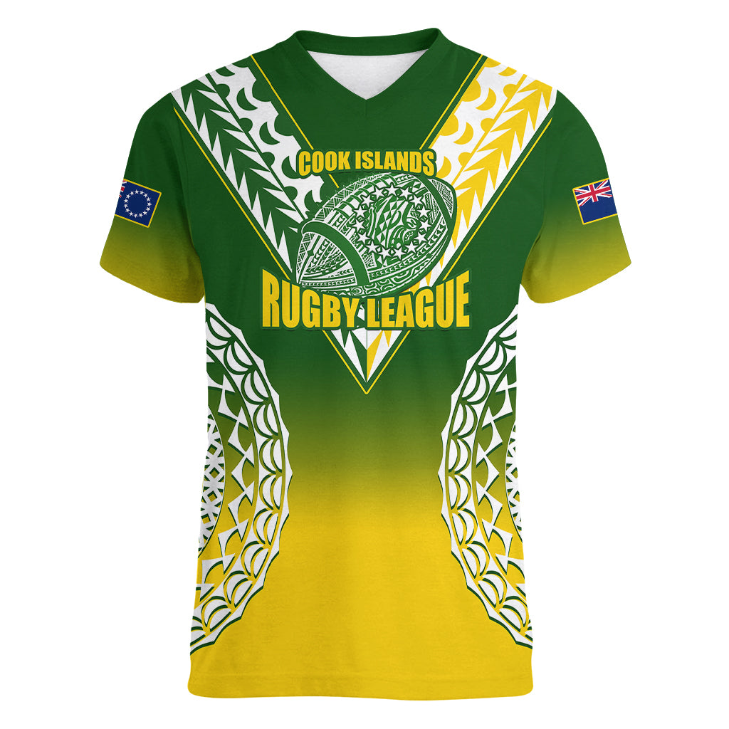 Personalised Cook Islands Rugby Women V Neck T Shirt Pacific Go The Kukis Gradient Style LT14 Female Green - Polynesian Pride