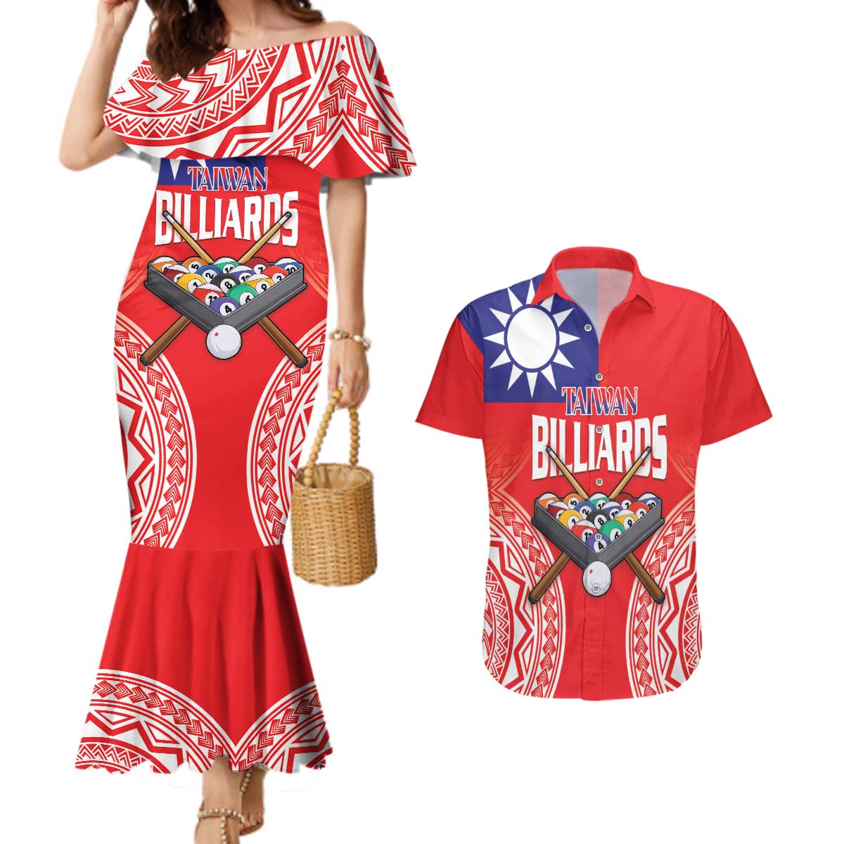 Personalised Taiwan Billiards Couples Matching Mermaid Dress and Hawaiian Shirt Eight-ball Pool Polynesia Tattoo - Polynesian Pride