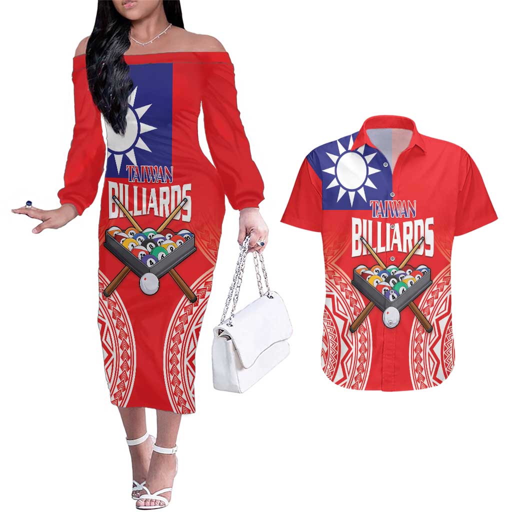 Personalised Taiwan Billiards Couples Matching Off The Shoulder Long Sleeve Dress and Hawaiian Shirt Eight-ball Pool Polynesia Tattoo - Polynesian Pride