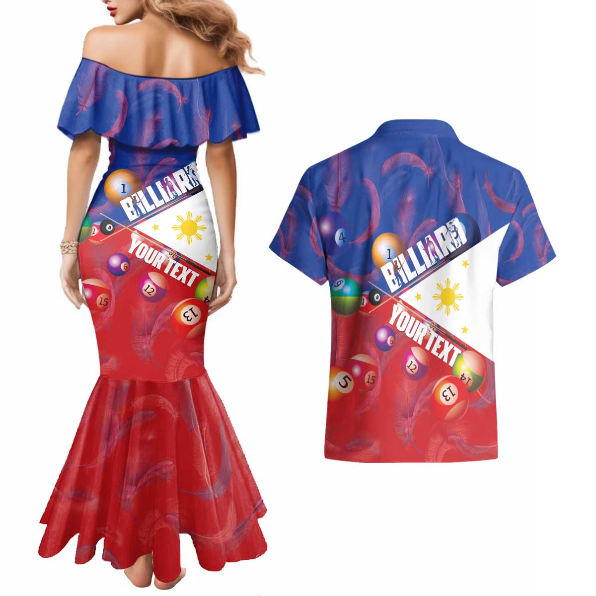 Personalised Philippines Billiards Couples Matching Mermaid Dress and Hawaiian Shirt Cue With Balls Flag Style - Polynesian Pride