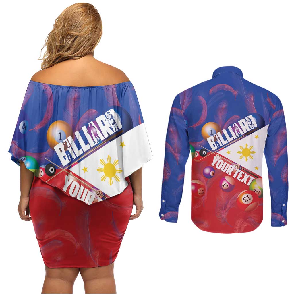 Personalised Philippines Billiards Couples Matching Off Shoulder Short Dress and Long Sleeve Button Shirt Cue With Balls Flag Style - Polynesian Pride