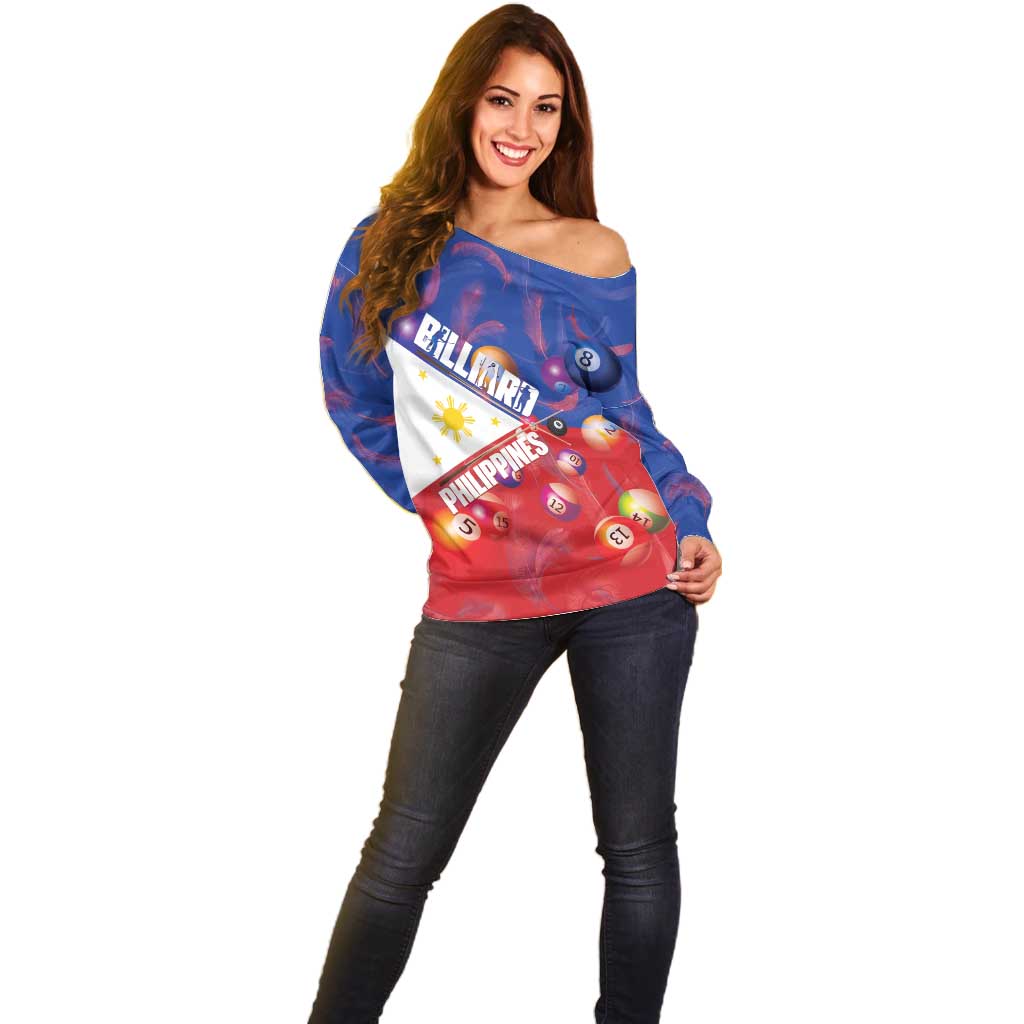 Personalised Philippines Billiards Off Shoulder Sweater Cue With Balls Flag Style - Polynesian Pride