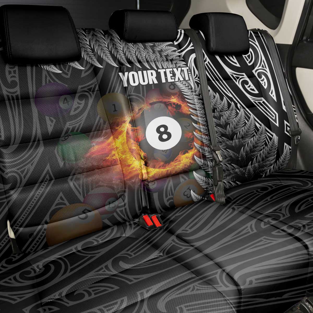 Personalised New Zealand Billiards Back Car Seat Cover Maori Fern On Fire 8 Ball - Polynesian Pride