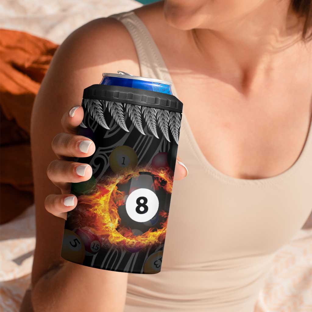 Personalised New Zealand Billiards 4 in 1 Can Cooler Tumbler Maori Fern On Fire 8 Ball - Polynesian Pride