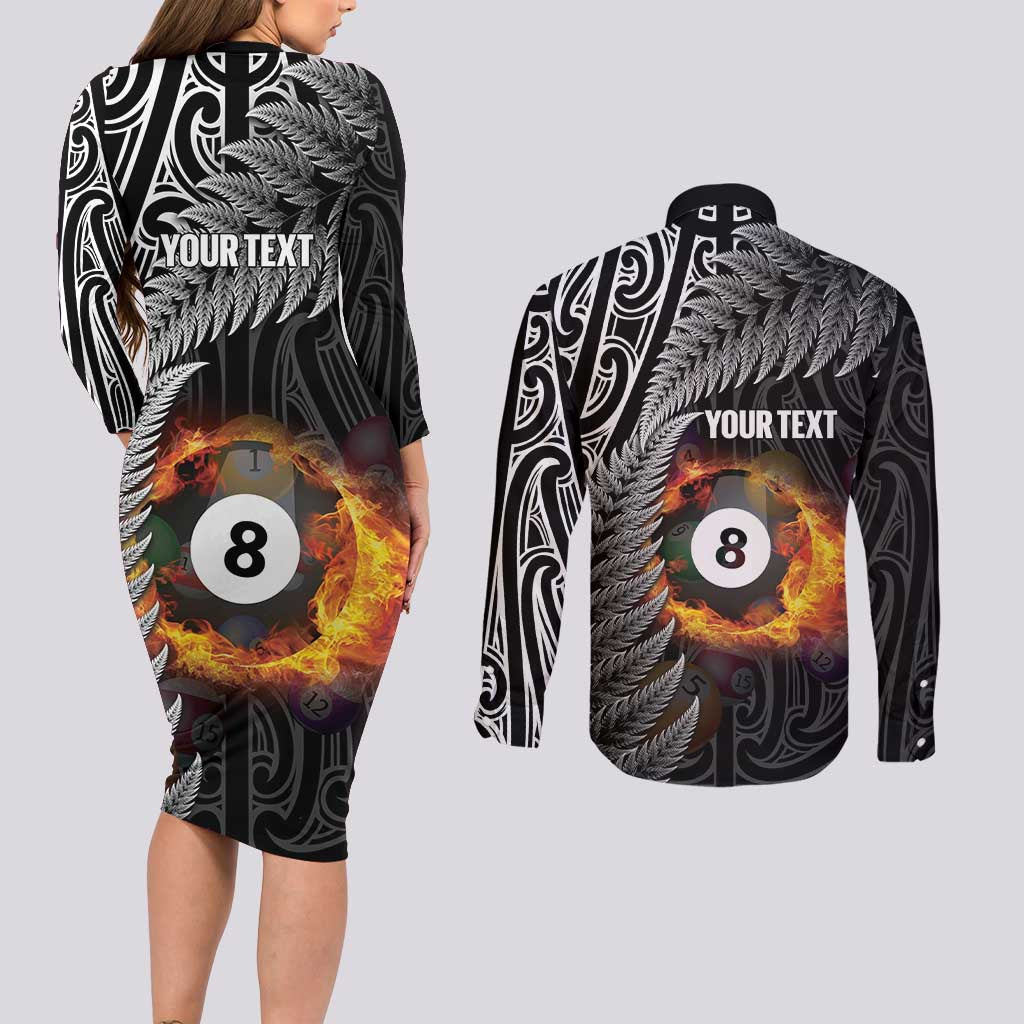Personalised New Zealand Billiards Couples Matching Long Sleeve Bodycon Dress and Long Sleeve Button Shirt Maori Fern On Fire 8 Ball LT14 - Polynesian Pride