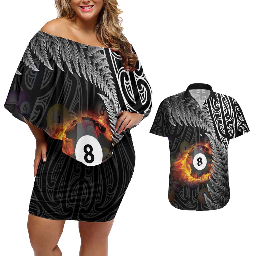 Personalised New Zealand Billiards Couples Matching Off Shoulder Short Dress and Hawaiian Shirt Maori Fern On Fire 8 Ball LT14 Black - Polynesian Pride