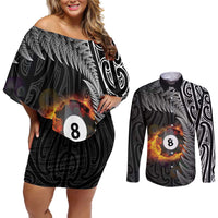Personalised New Zealand Billiards Couples Matching Off Shoulder Short Dress and Long Sleeve Button Shirt Maori Fern On Fire 8 Ball LT14 Black - Polynesian Pride