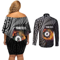 Personalised New Zealand Billiards Couples Matching Off Shoulder Short Dress and Long Sleeve Button Shirt Maori Fern On Fire 8 Ball LT14 - Polynesian Pride