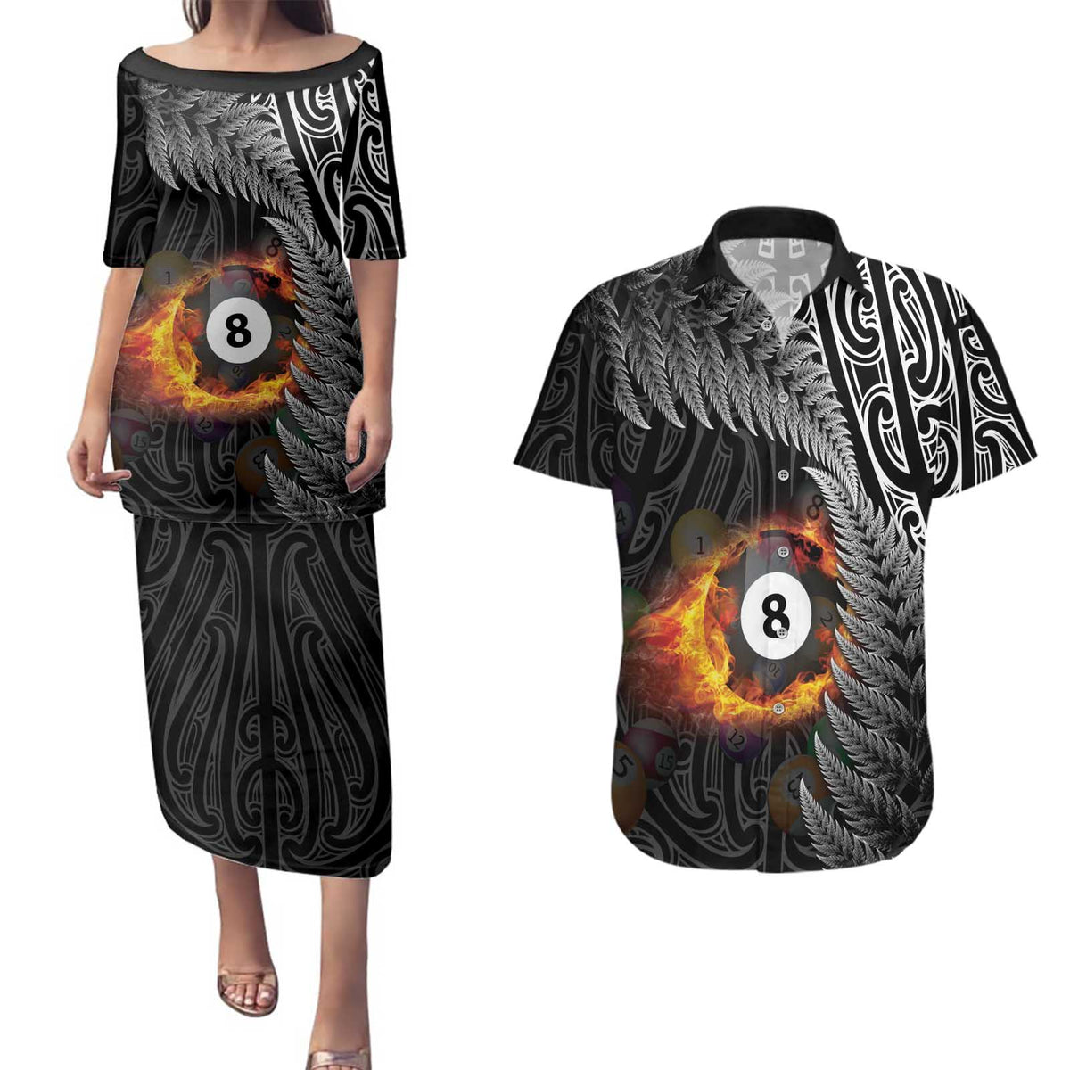 Personalised New Zealand Billiards Couples Matching Puletasi and Hawaiian Shirt Maori Fern On Fire 8 Ball LT14 Black - Polynesian Pride