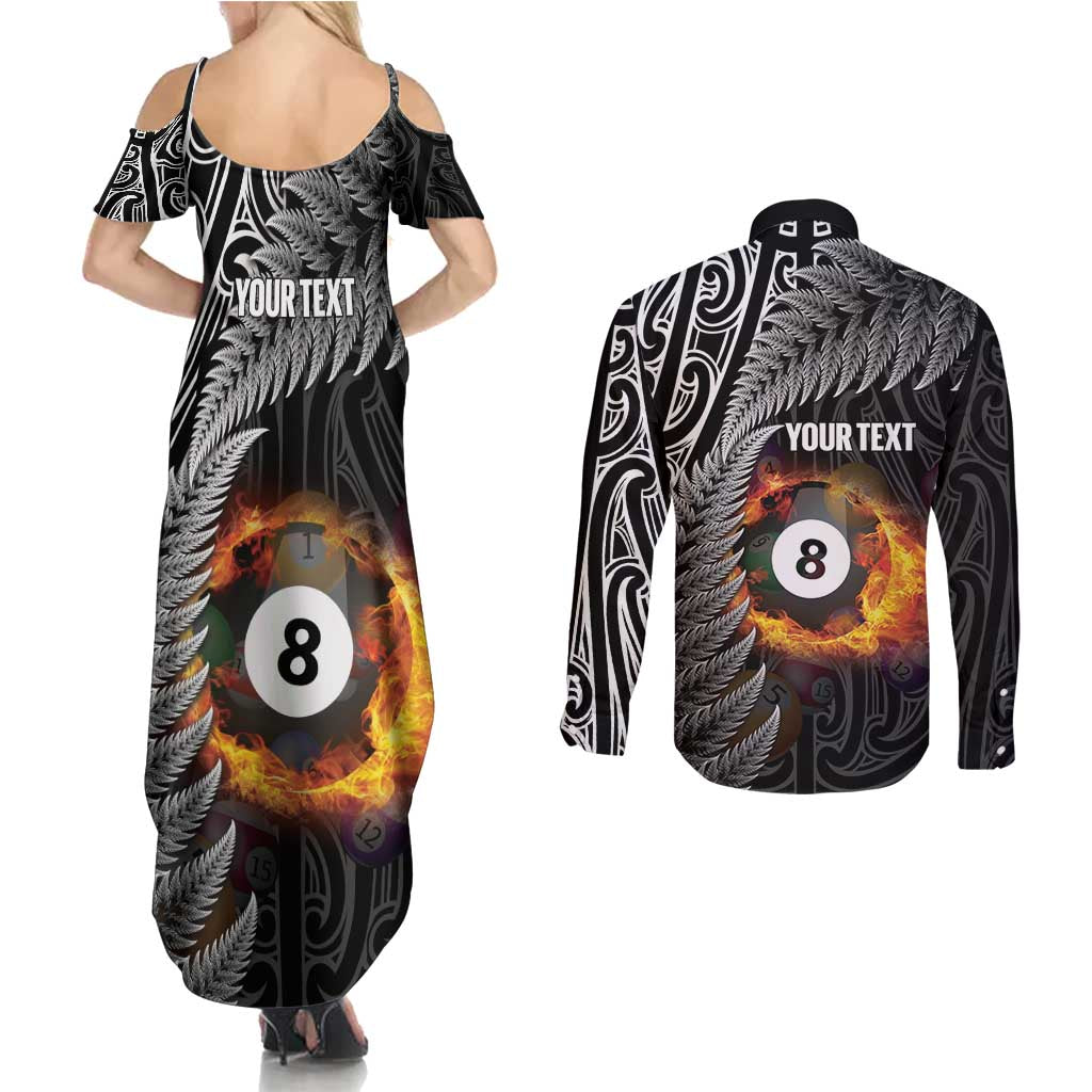 Personalised New Zealand Billiards Couples Matching Summer Maxi Dress and Long Sleeve Button Shirt Maori Fern On Fire 8 Ball LT14 - Polynesian Pride