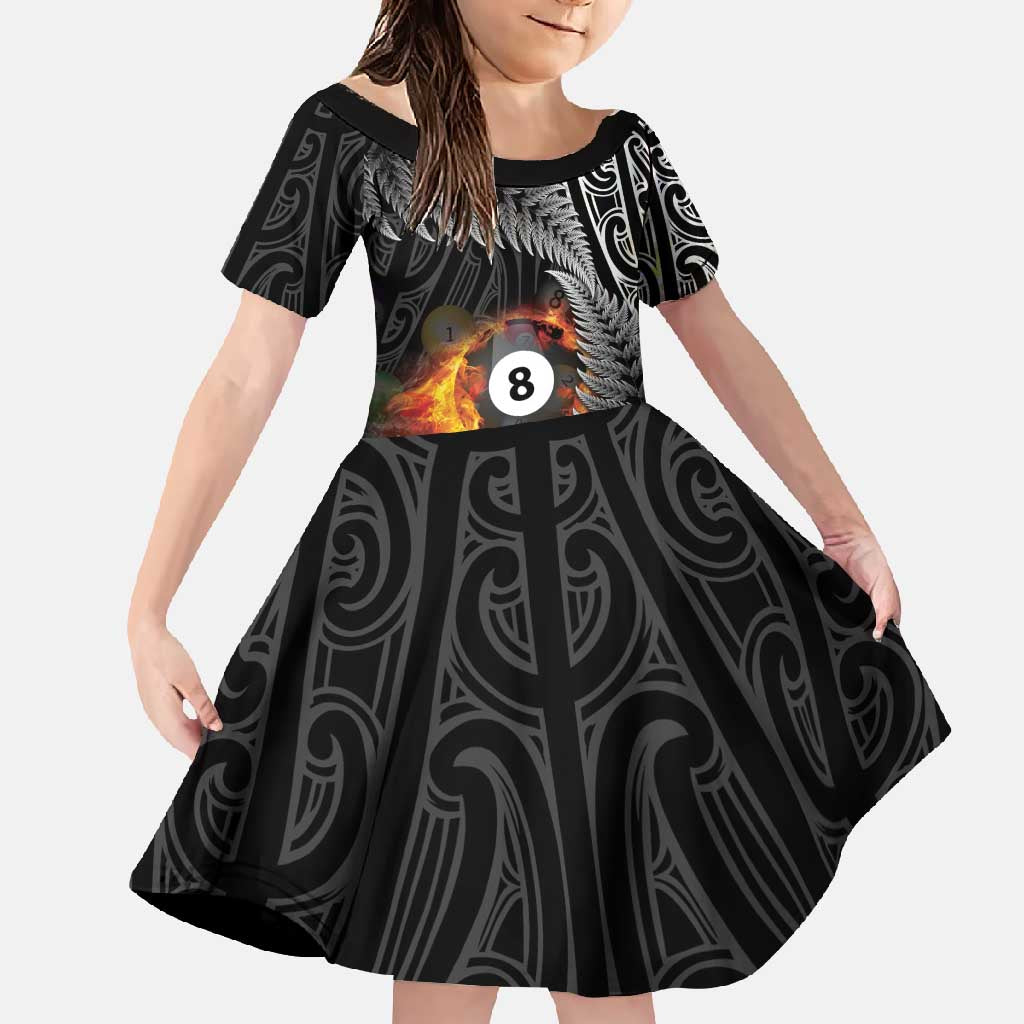 Personalised New Zealand Billiards Family Matching Long Sleeve Bodycon Dress and Hawaiian Shirt Maori Fern On Fire 8 Ball LT14 Daughter's Dress Black - Polynesian Pride