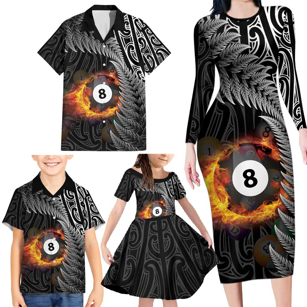 Personalised New Zealand Billiards Family Matching Long Sleeve Bodycon Dress and Hawaiian Shirt Maori Fern On Fire 8 Ball LT14 - Polynesian Pride