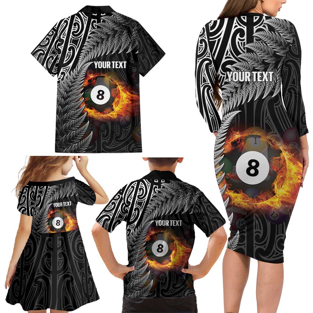 Personalised New Zealand Billiards Family Matching Long Sleeve Bodycon Dress and Hawaiian Shirt Maori Fern On Fire 8 Ball LT14 - Polynesian Pride