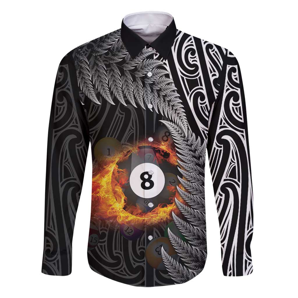 Personalised New Zealand Billiards Family Matching Long Sleeve Bodycon Dress and Hawaiian Shirt Maori Fern On Fire 8 Ball LT14 Dad's Shirt - Long Sleeve Black - Polynesian Pride
