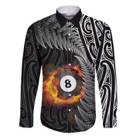 Personalised New Zealand Billiards Family Matching Long Sleeve Bodycon Dress and Hawaiian Shirt Maori Fern On Fire 8 Ball LT14 Dad's Shirt - Long Sleeve Black - Polynesian Pride